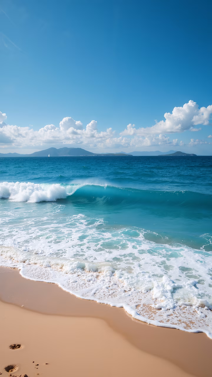 Ocean wave crashing on sandy beach under clear blue sky