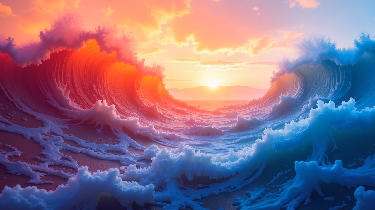Vibrant ocean waves at sunset, detailed and realistic style, serene atmosphere