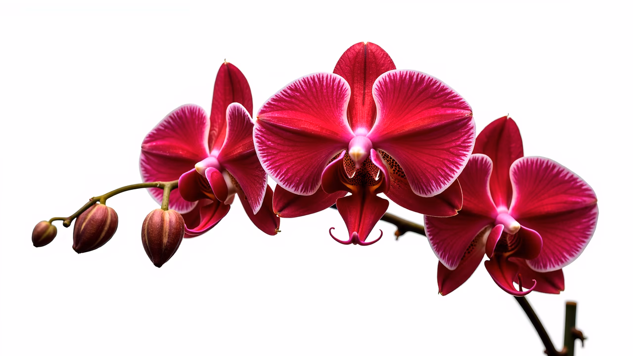 Vibrant orchid blooms in rich magenta and pink hues, captured in an illustration.