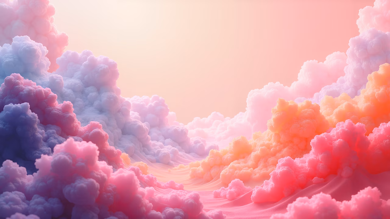 A serene and whimsical abstract illustration featuring fluffy pastel clouds in soft hues.
