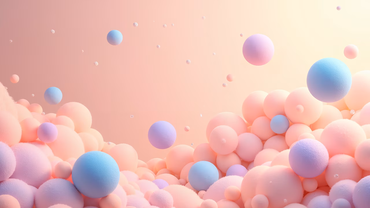 A collection of pastel-colored spheres floating in a soft gradient background, creating a dreamy and whimsical atmosphere.