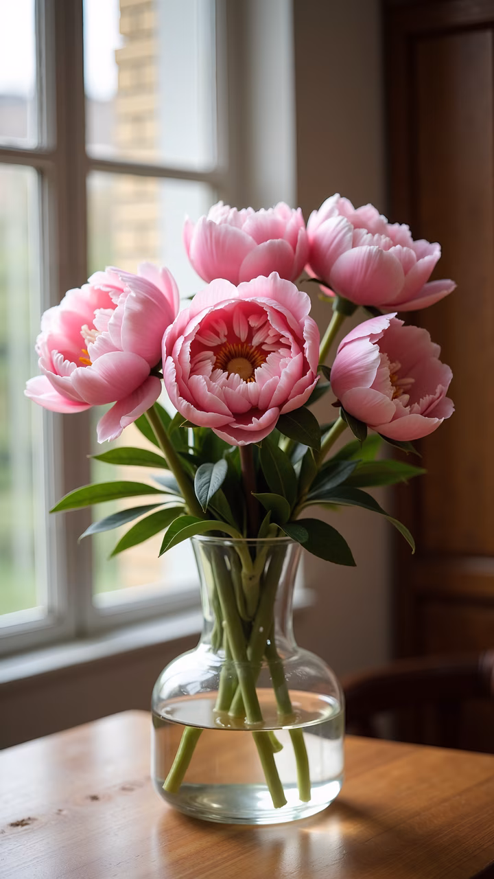 Vibrant pink peonies in a clear glass vase, soft natural light, serene atmosphere