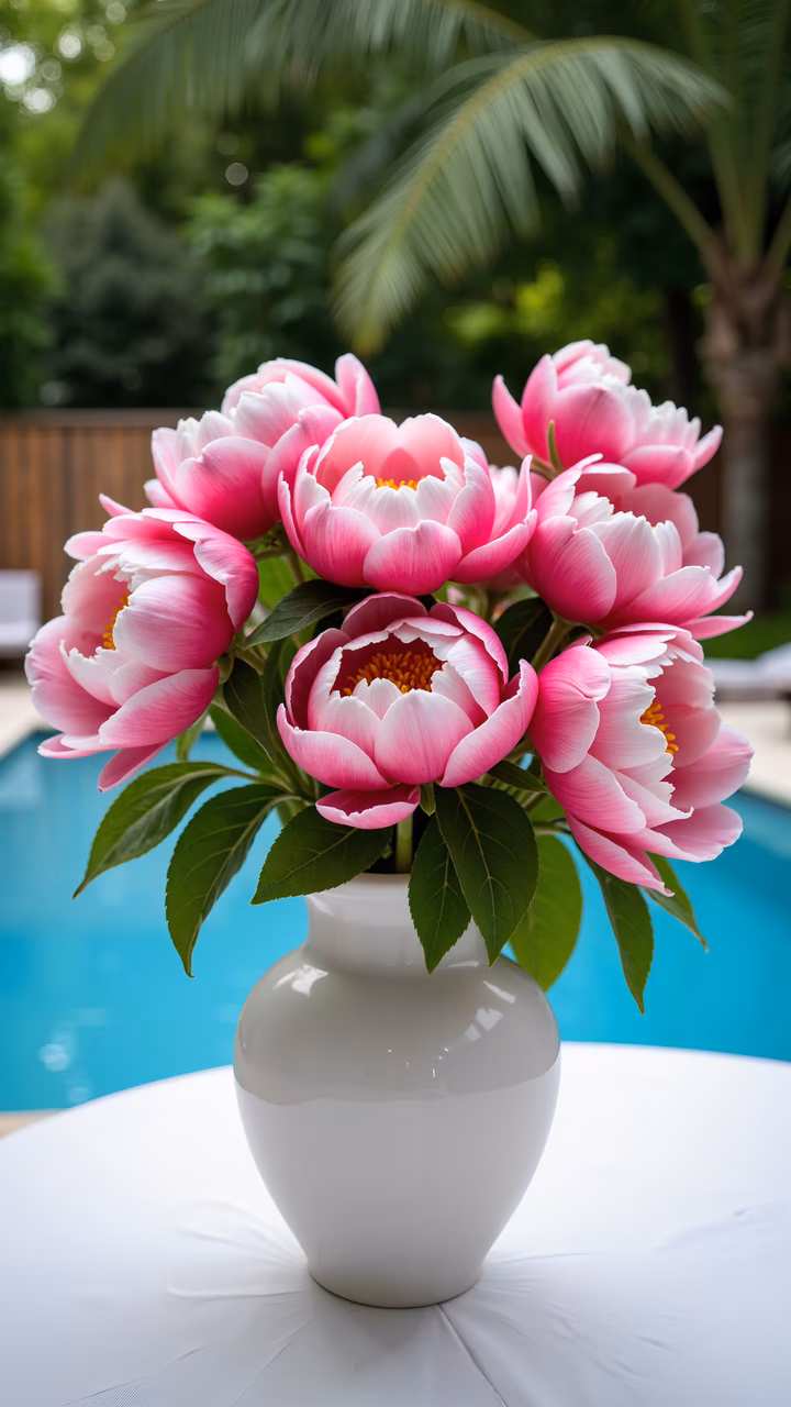 A stunning peony bouquet in a white vase, set against a tranquil pool and tropical foliage, exuding elegance and luxury.