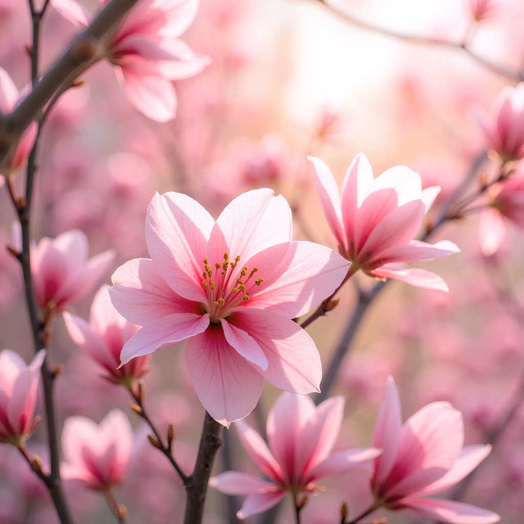 A close-up of pink blossoms in full bloom, showcasing their delicate beauty and vibrant centers.