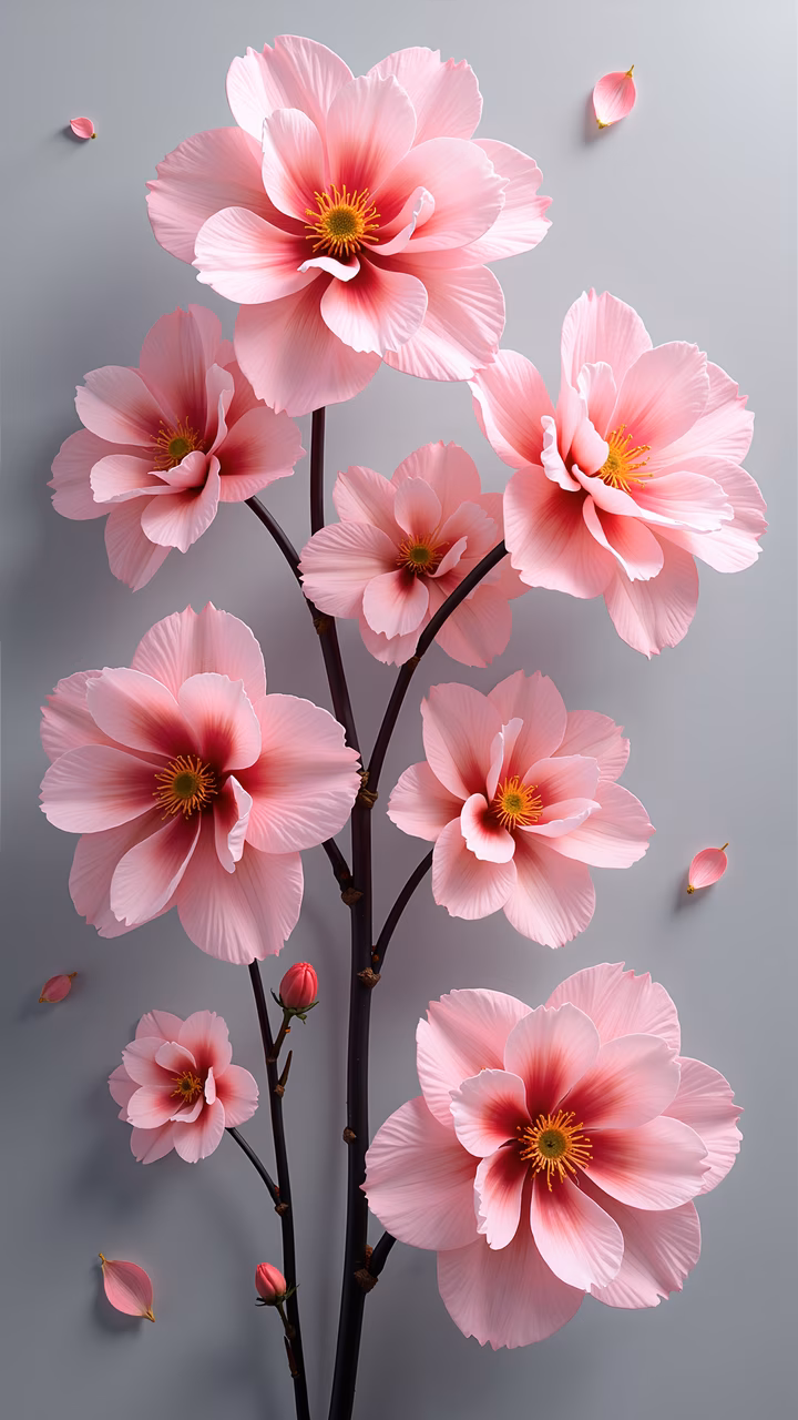 Vibrant pink blossoms with delicate petals and bright yellow centers on a soft gray background.