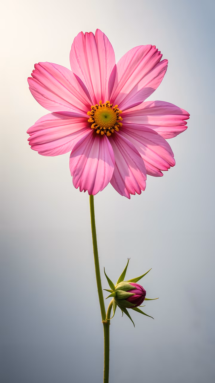 Vibrant pink cosmos flower with delicate petals and a bright yellow center against a soft gradient background.