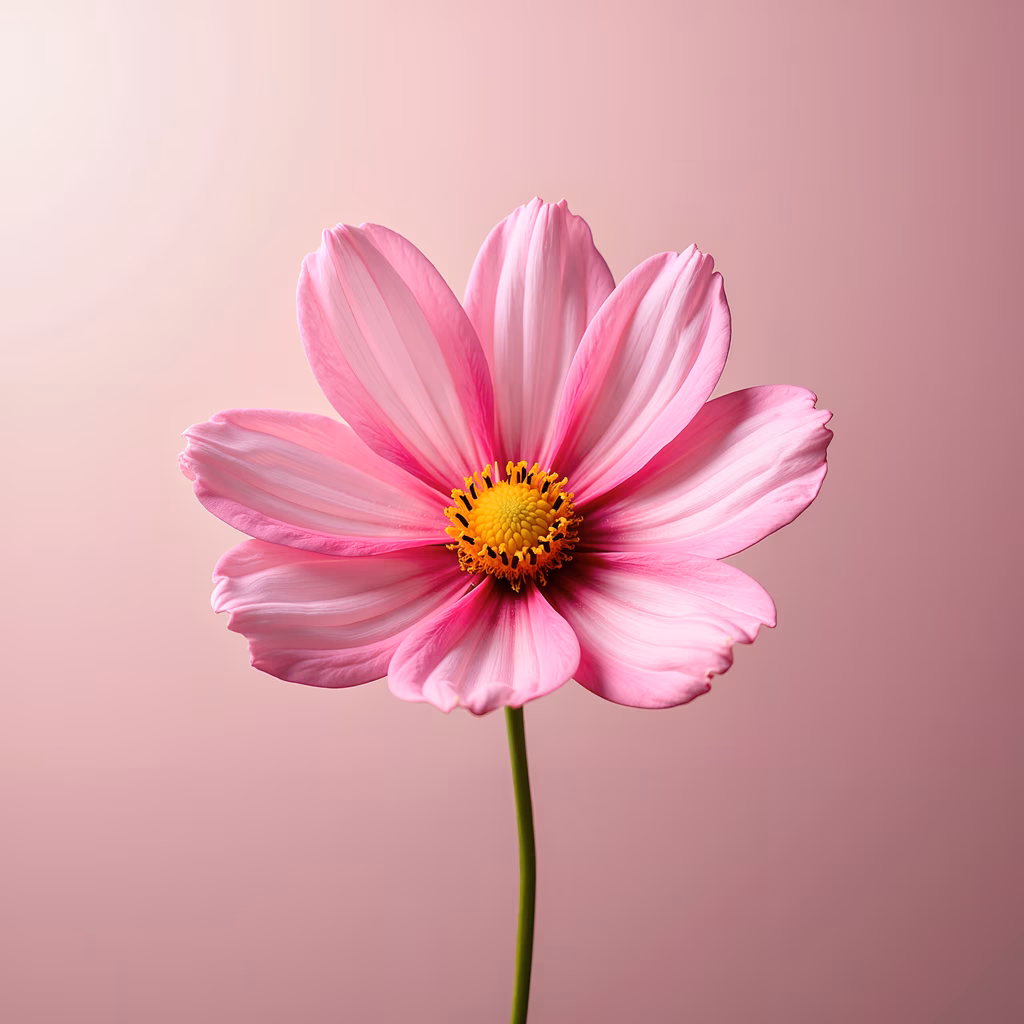 Vibrant pink cosmos flower illustration with detailed petals and yellow center on a soft gradient background.