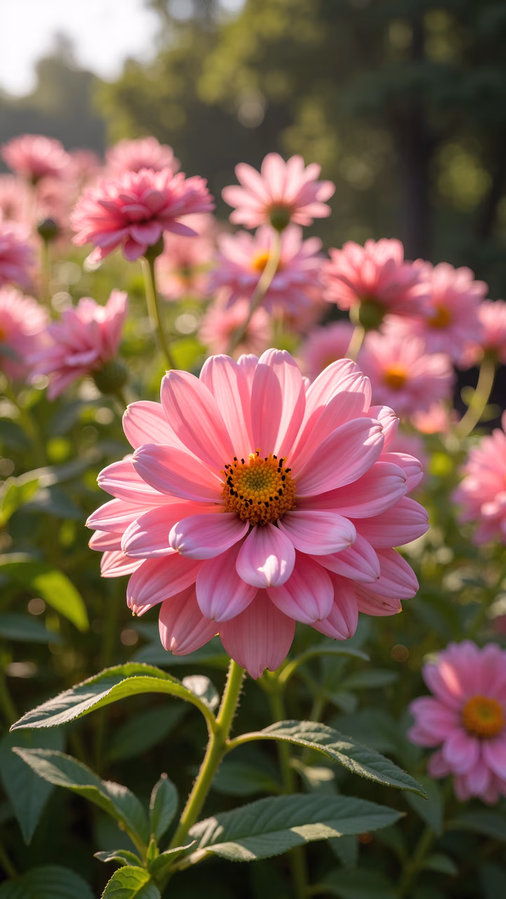 Vibrant pink dahlias in full bloom, bathed in sunlight, tranquil floral beauty