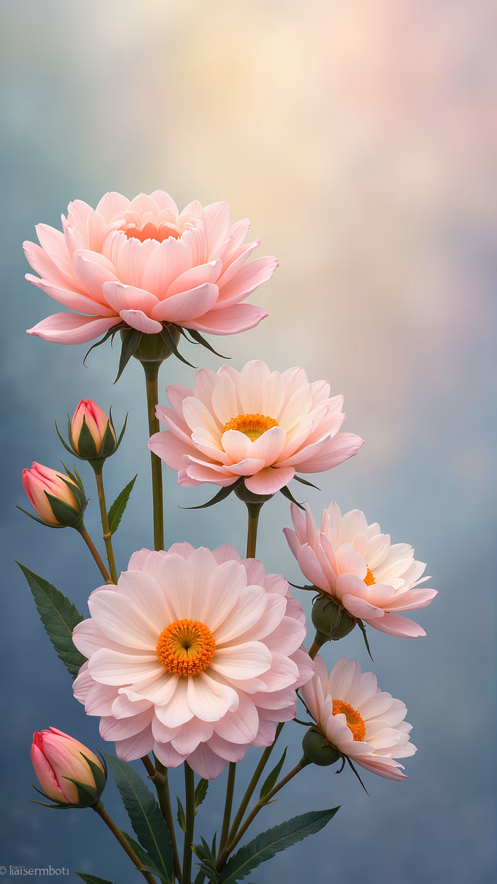 Delicate pink dahlias with vibrant orange centers on a soft blue gradient background.