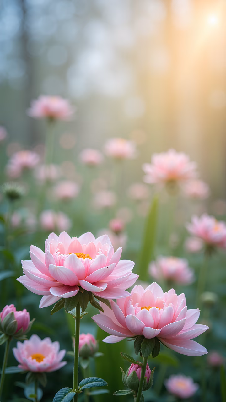 Delicate pink dahlias in full bloom with warm sunlight enhancing their vibrant colors.