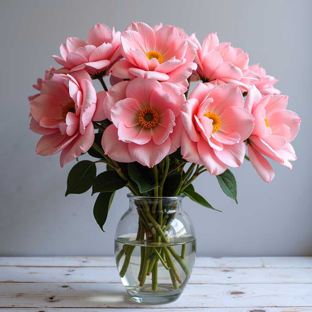 Vibrant pink dahlias in a clear glass vase, serene floral arrangement