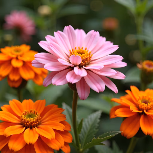 Pink Daisy and Orange Flowers