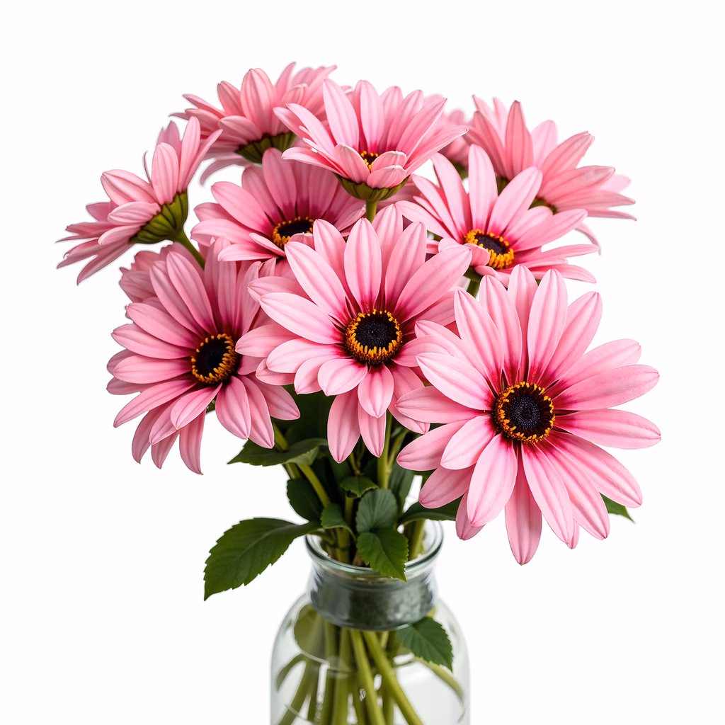 Vibrant pink daisies in a clear glass vase on a white background.