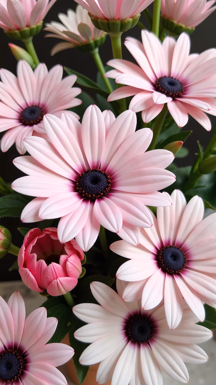 A close-up of pink daisies in a bouquet, showcasing their delicate petals and dark centers.
