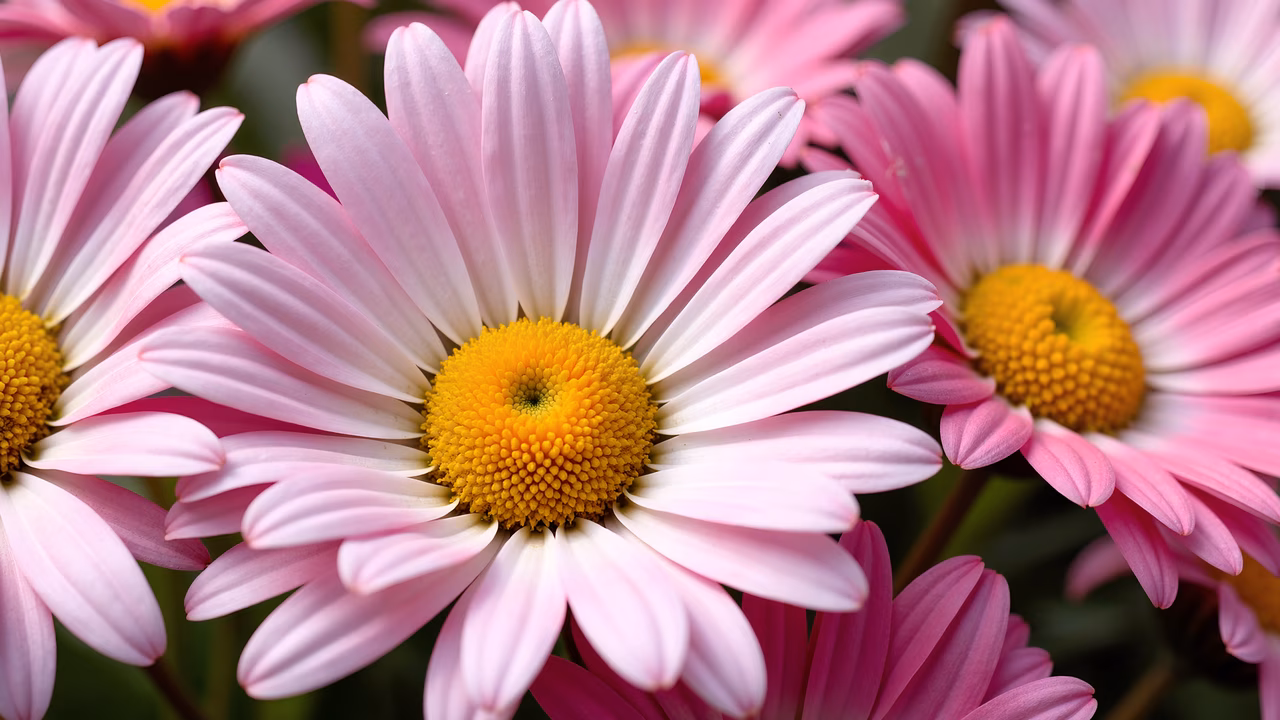 Close-up of pink daisy flowers with vibrant yellow centers, showcasing their delicate beauty and intricate details.