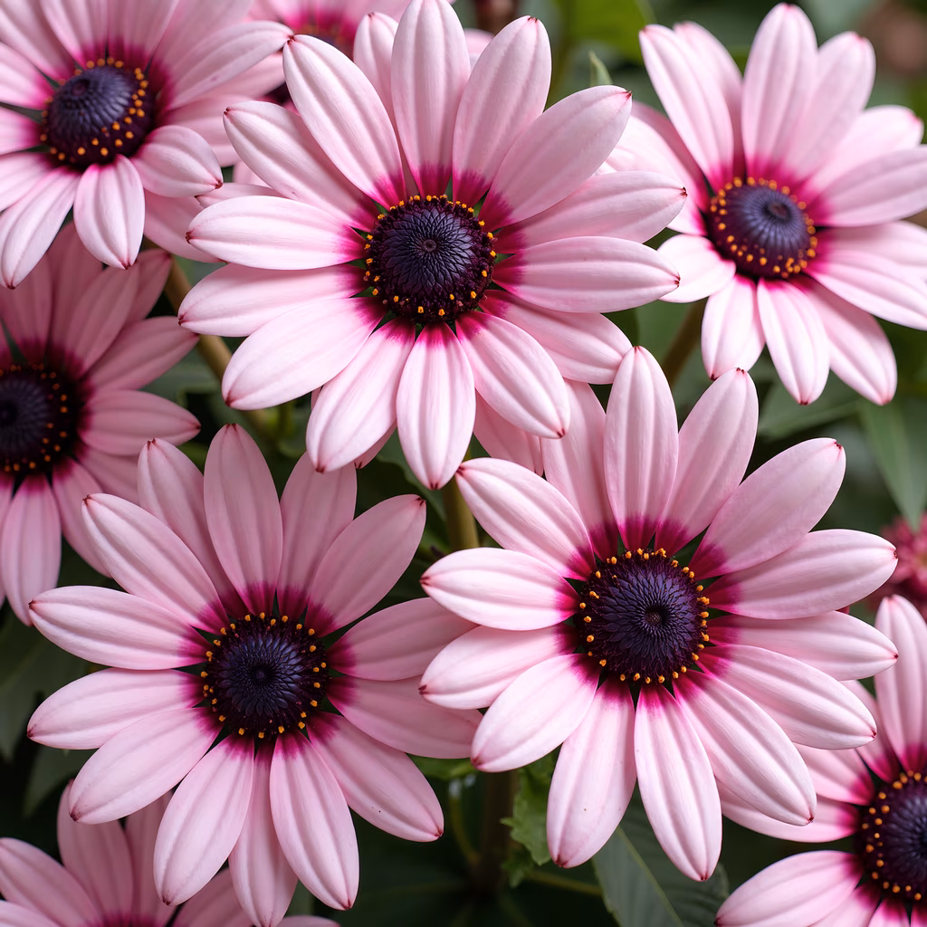 A close-up of pink daisies with purple centers and white petals, set against a green background.