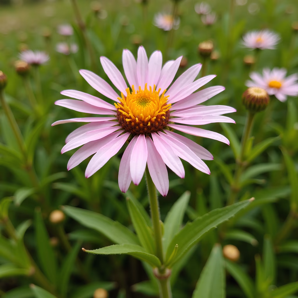 Vibrant pink daisy with yellow center, lush green background, natural beauty, soft pastel tones, natural lighting.