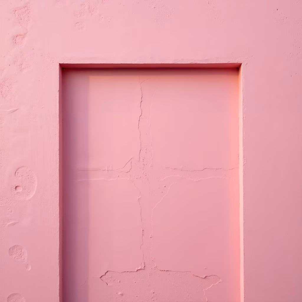 Minimalist pink door with subtle cracks and soft lighting, showcasing architectural simplicity.