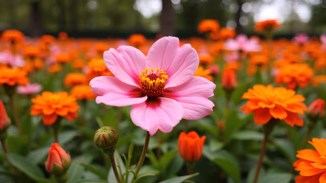 Pink Flower in Orange Field