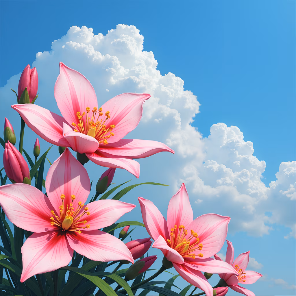 Vibrant pink flowers against a bright blue sky with fluffy white clouds, illustrating natural beauty.