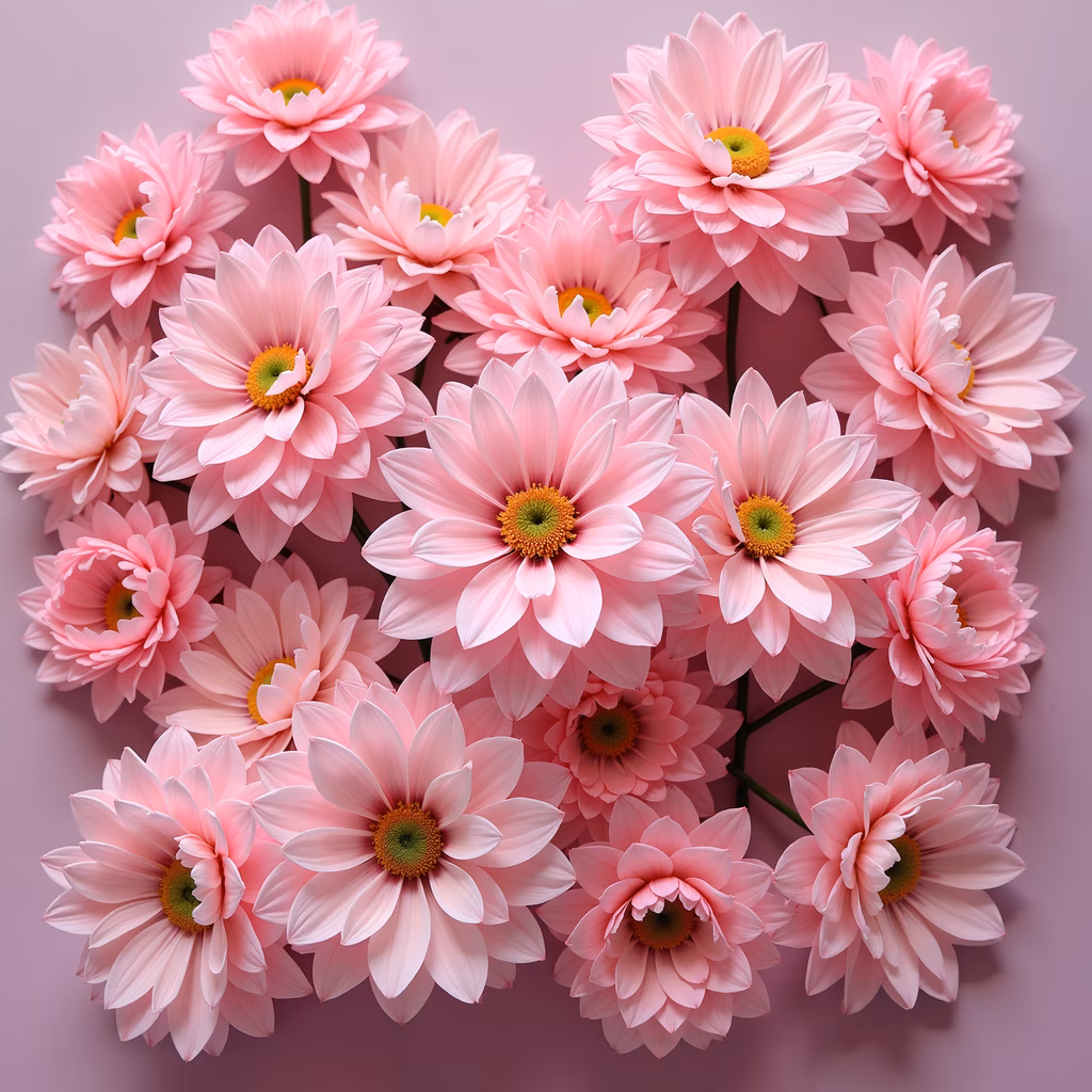 Symmetrical arrangement of pink flowers with delicate petals and bright yellow centers on a soft pink background.