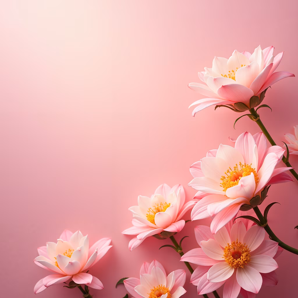 Delicate pink flowers with vibrant yellow centers on a soft pink gradient background.