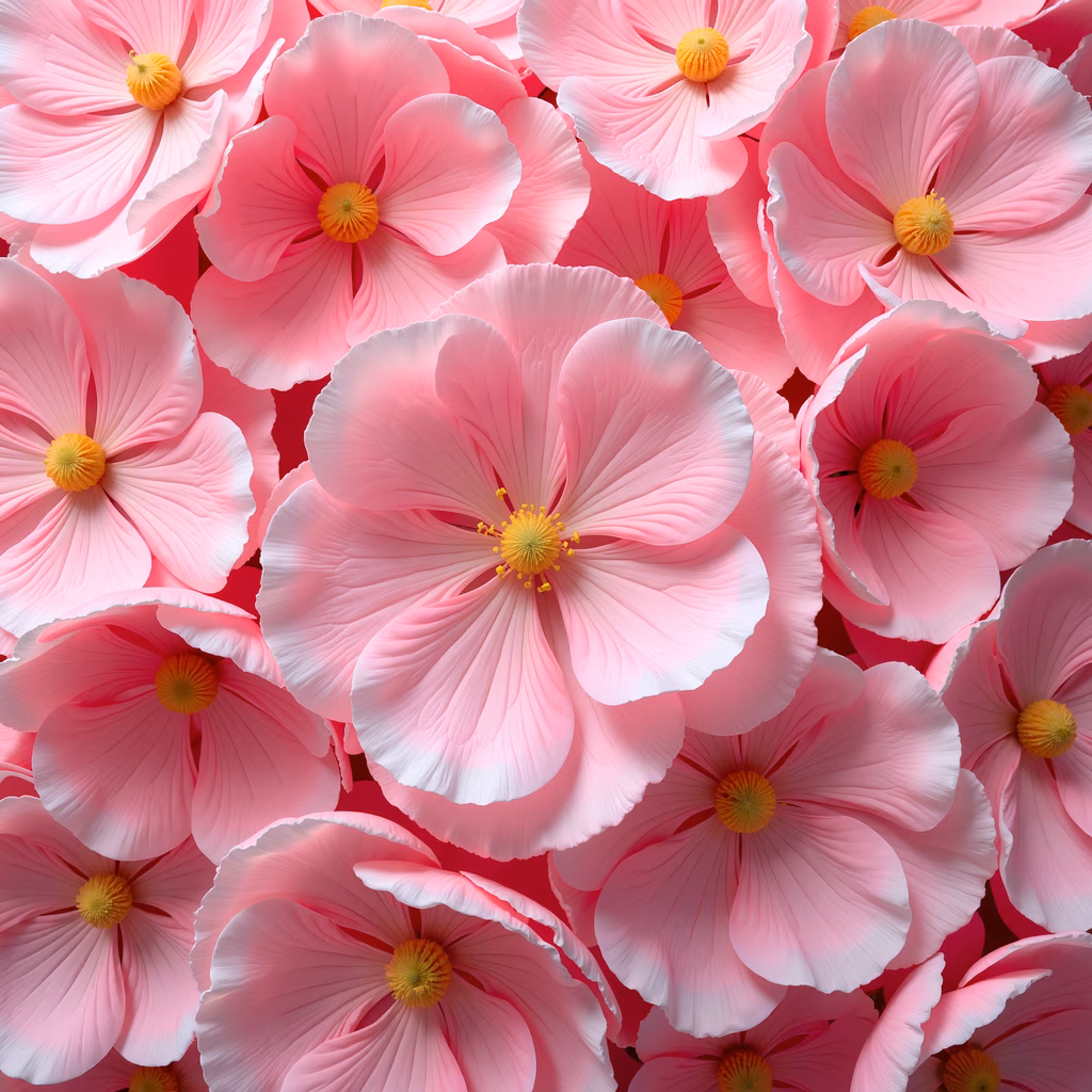 Vibrant pink flowers with delicate petals and bright yellow centers on a bold red background.