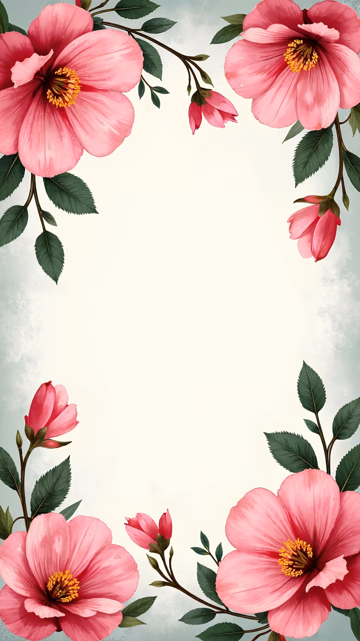Vibrant pink flowers with detailed petals and lush green leaves on a soft pastel background.