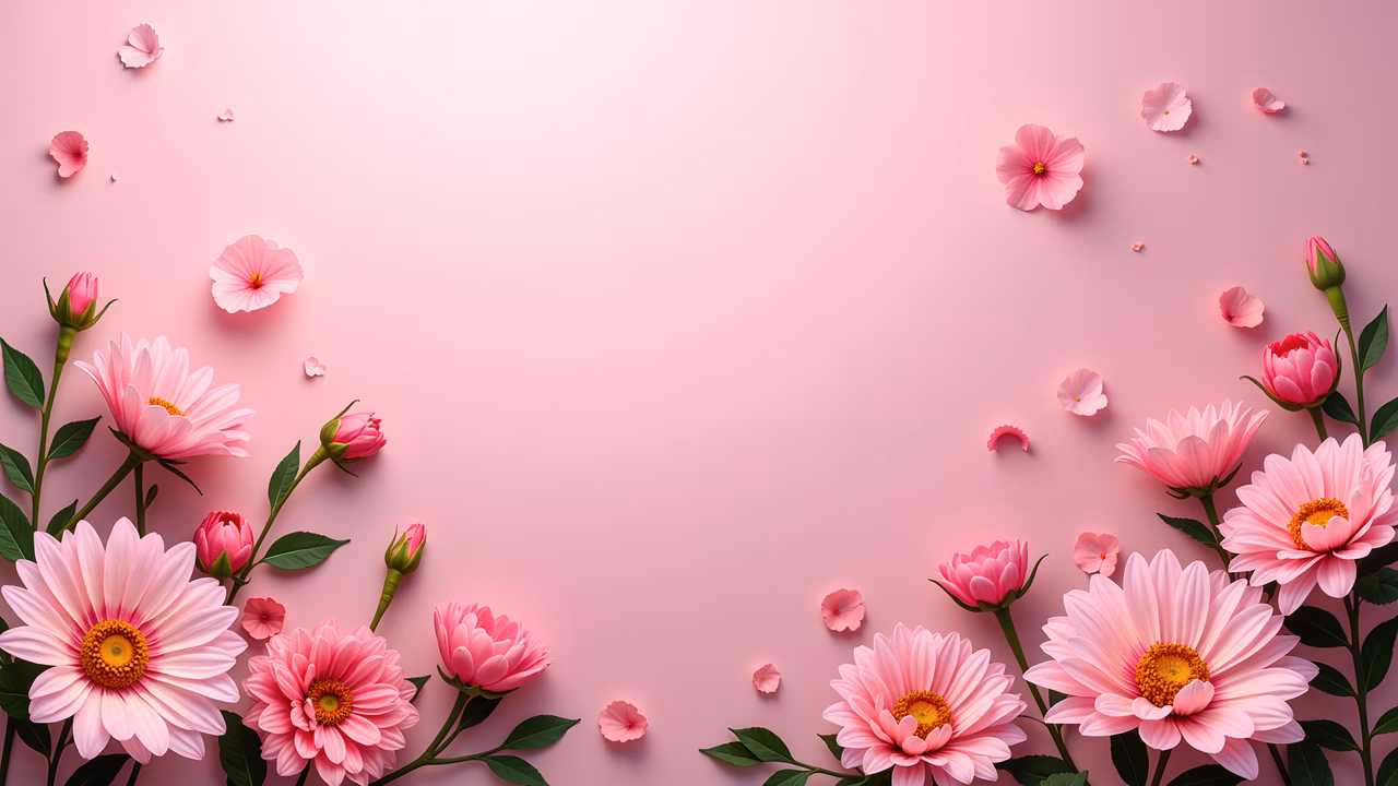 Symmetrical floral arrangement with pink flowers on a soft pink background.