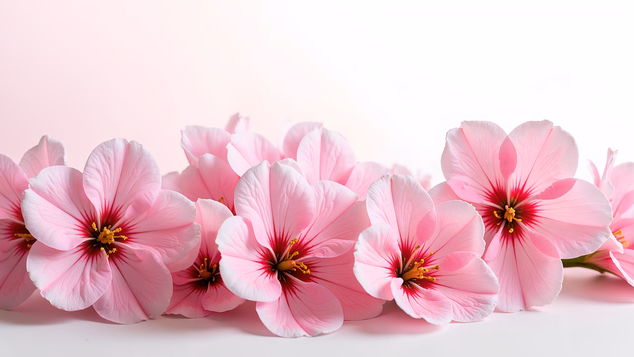 Delicate pink flowers with intricate petal details and vibrant yellow centers on a soft gradient background.