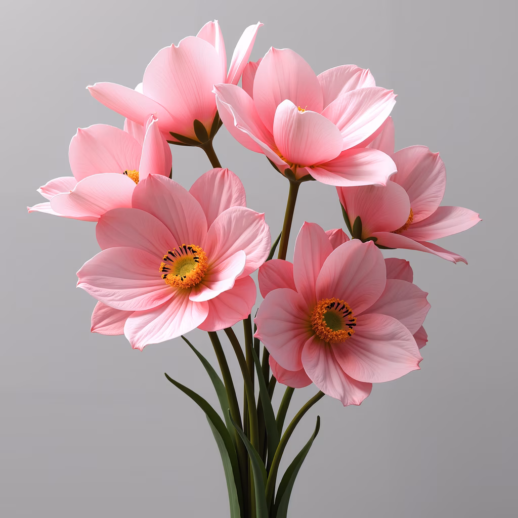 Vibrant pink flowers with detailed petals and bright yellow centers, set against a neutral gray background.