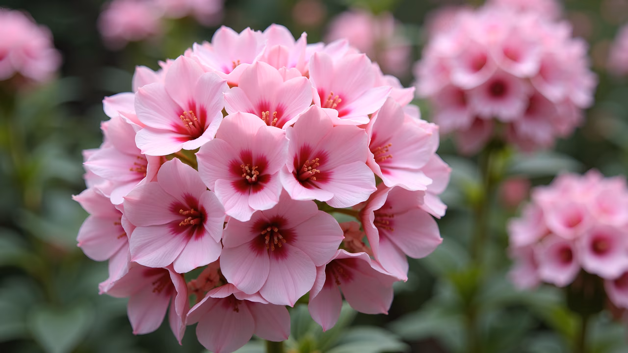 Delicate pink flowers with vibrant red centers, serene and inviting tone, nature illustration