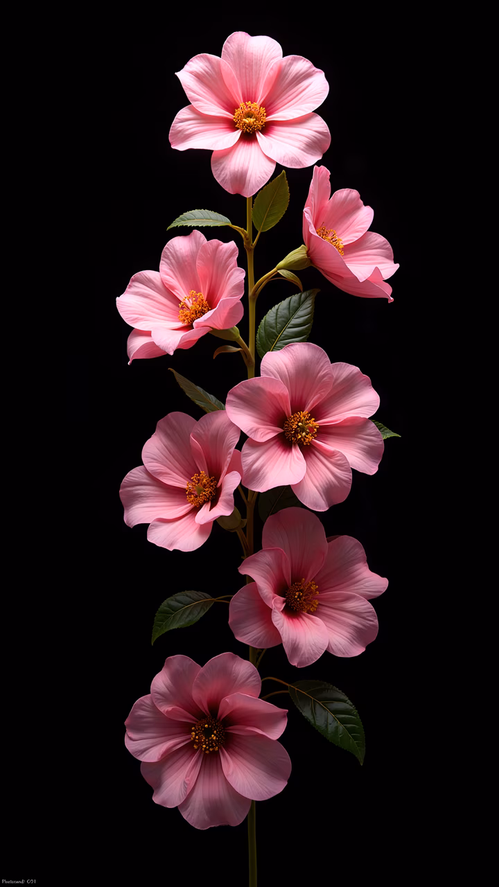 Delicate pink flowers with vibrant green leaves on a black background