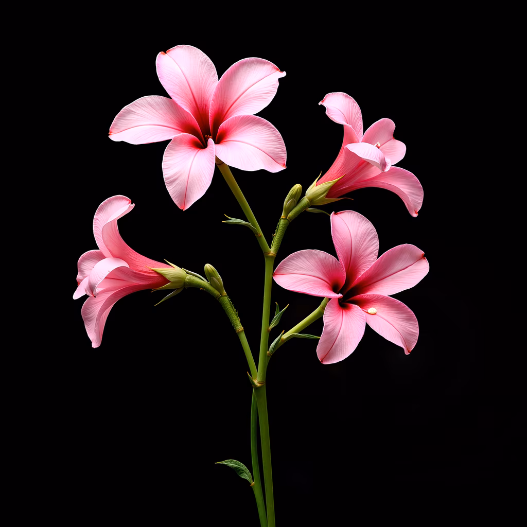 Vibrant pink flowers with green stems against a black background