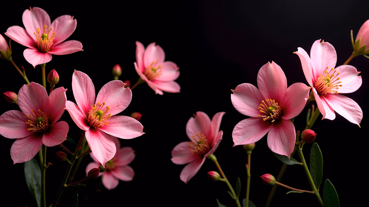 Vibrant pink flowers on a black background, showcasing natural beauty and contrast.