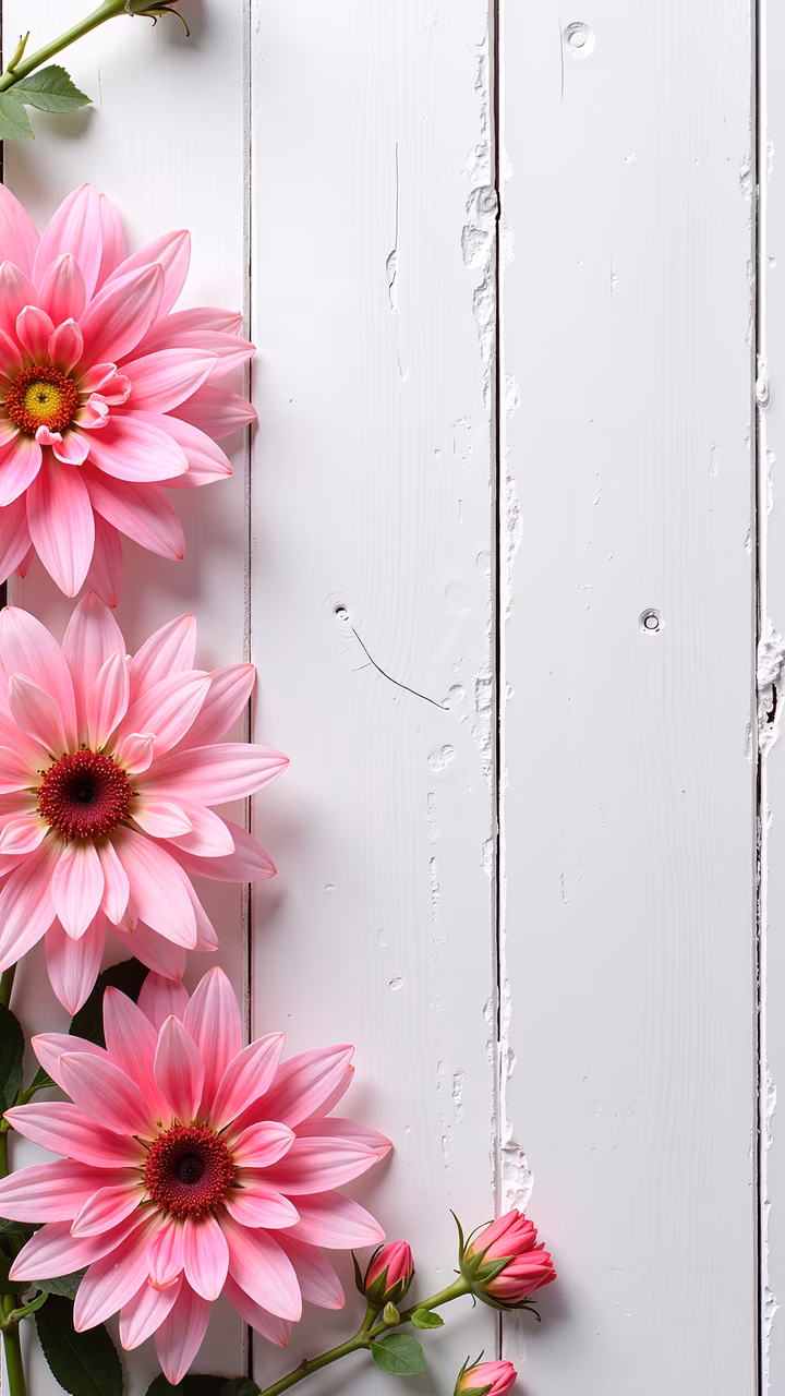 Vibrant pink flowers against a rustic white wooden backdrop