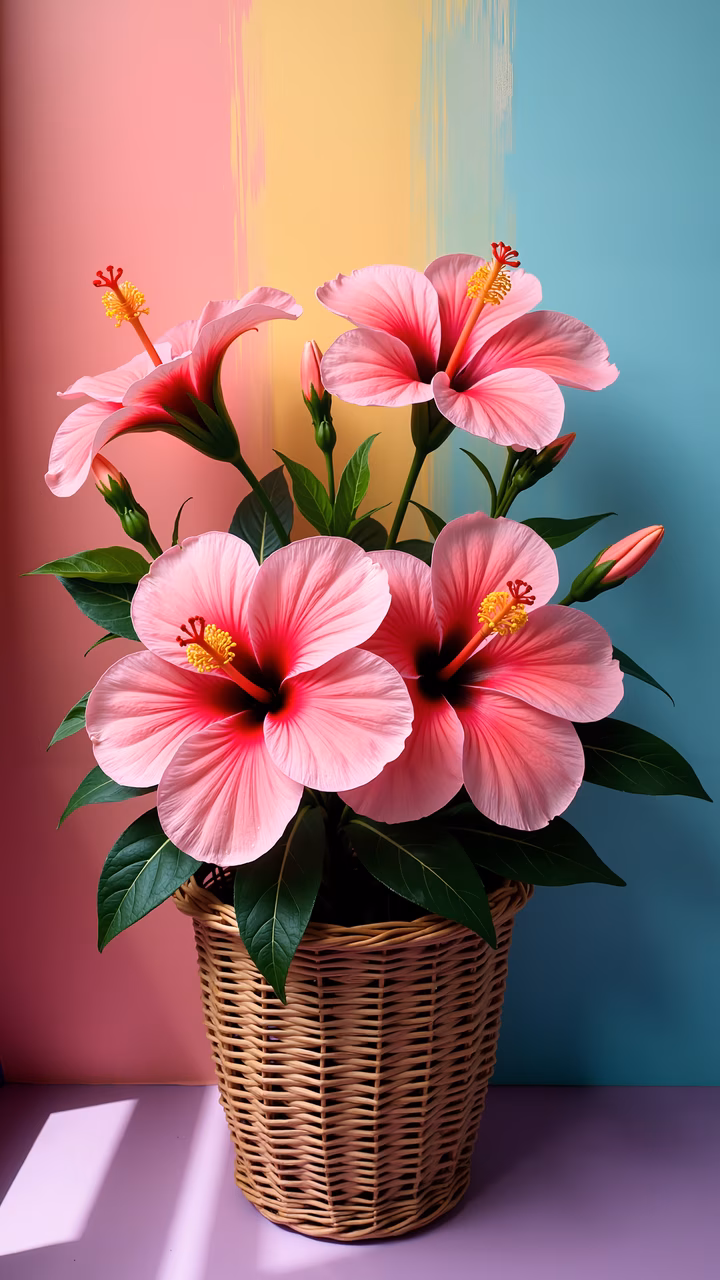 Vibrant pink hibiscus flowers in a woven basket on a colorful gradient background.