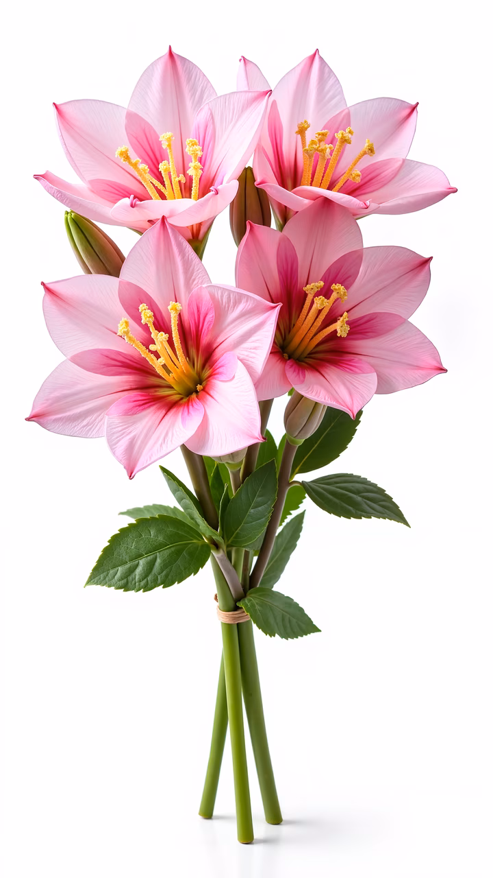 Vibrant pink lilies bouquet with lush green leaves and stems, illustration style.