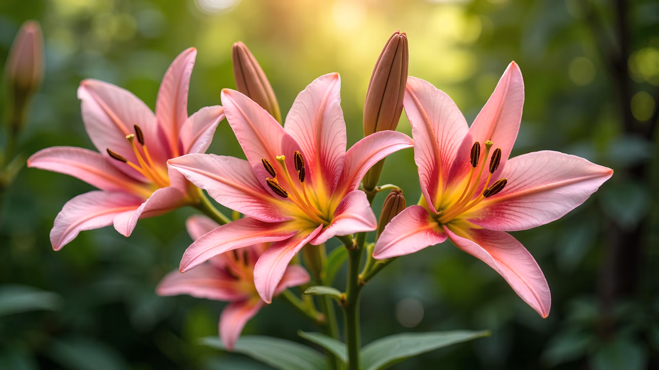 Delicate pink lilies in full bloom, tranquil nature scene