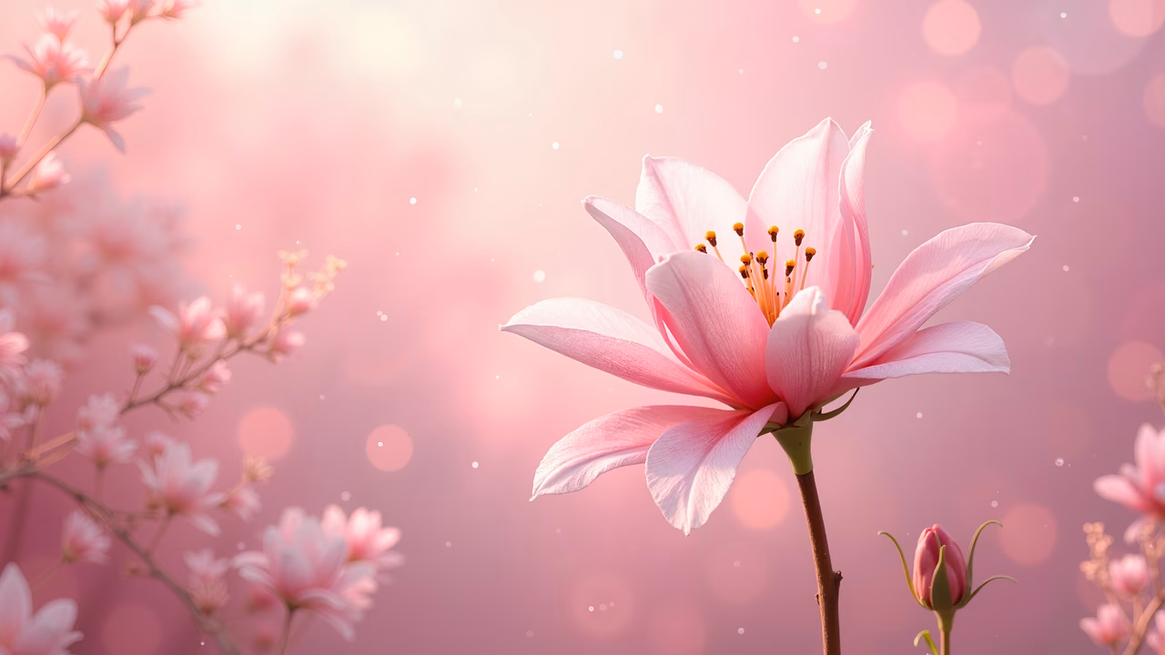 Delicate pink lily illustration with soft bokeh and intricate textures
