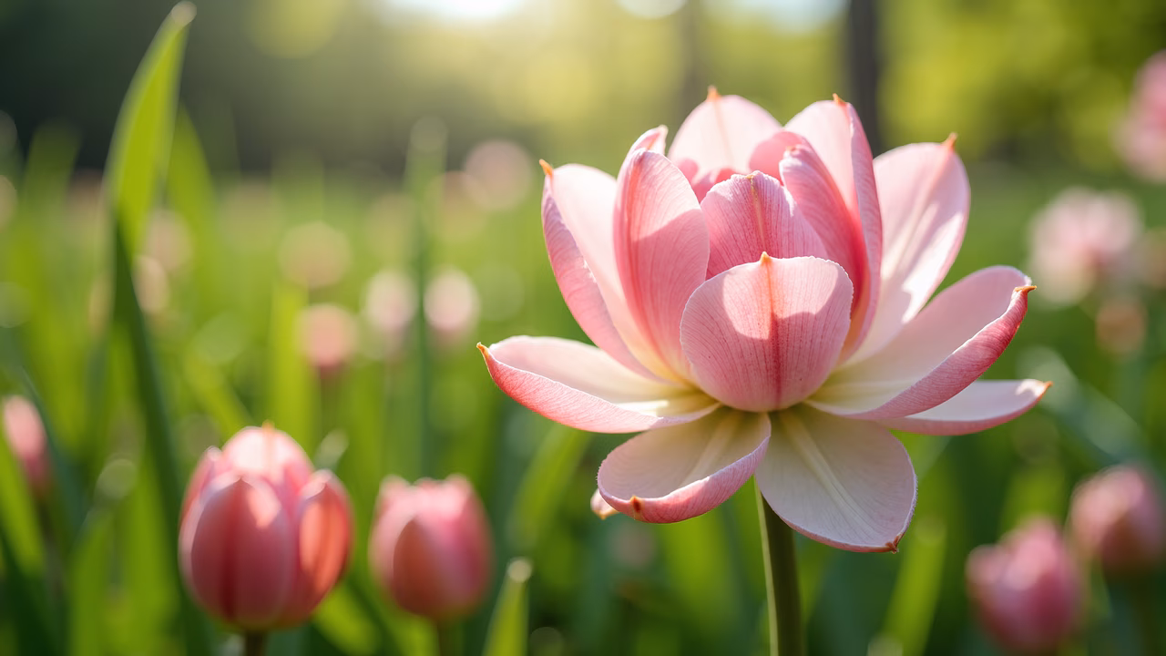 Delicate pink lotus flower illustration with soft green leaves and blurred background.