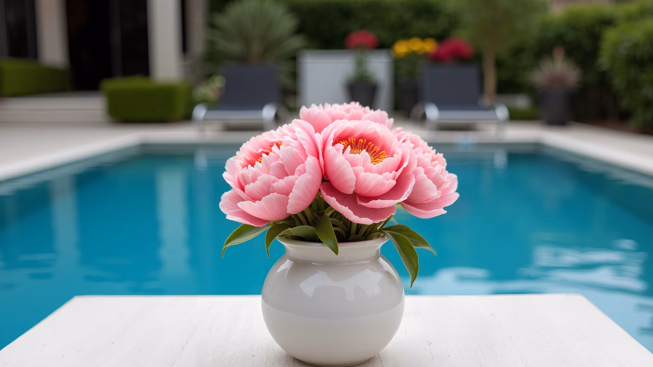 Elegant pink peonies by the tranquil pool, perfect for relaxation and beauty.