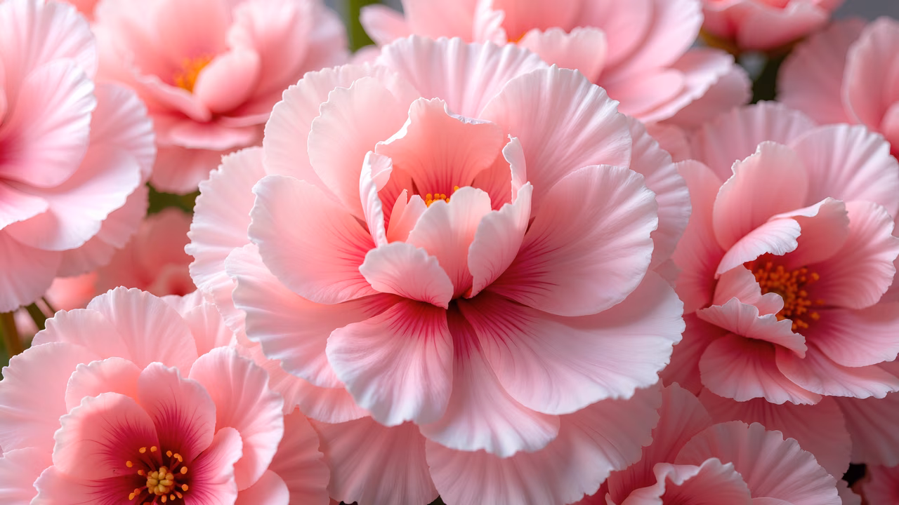 Delicate pink peonies with soft petals and vibrant yellow centers, illustrating natural beauty and elegance.