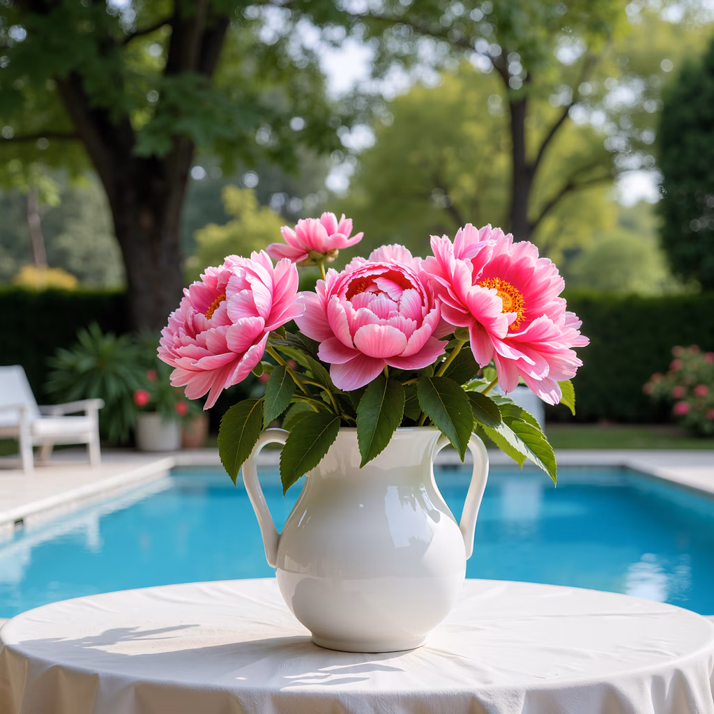 Vibrant pink peonies in a white jug, set against a peaceful outdoor backdrop.