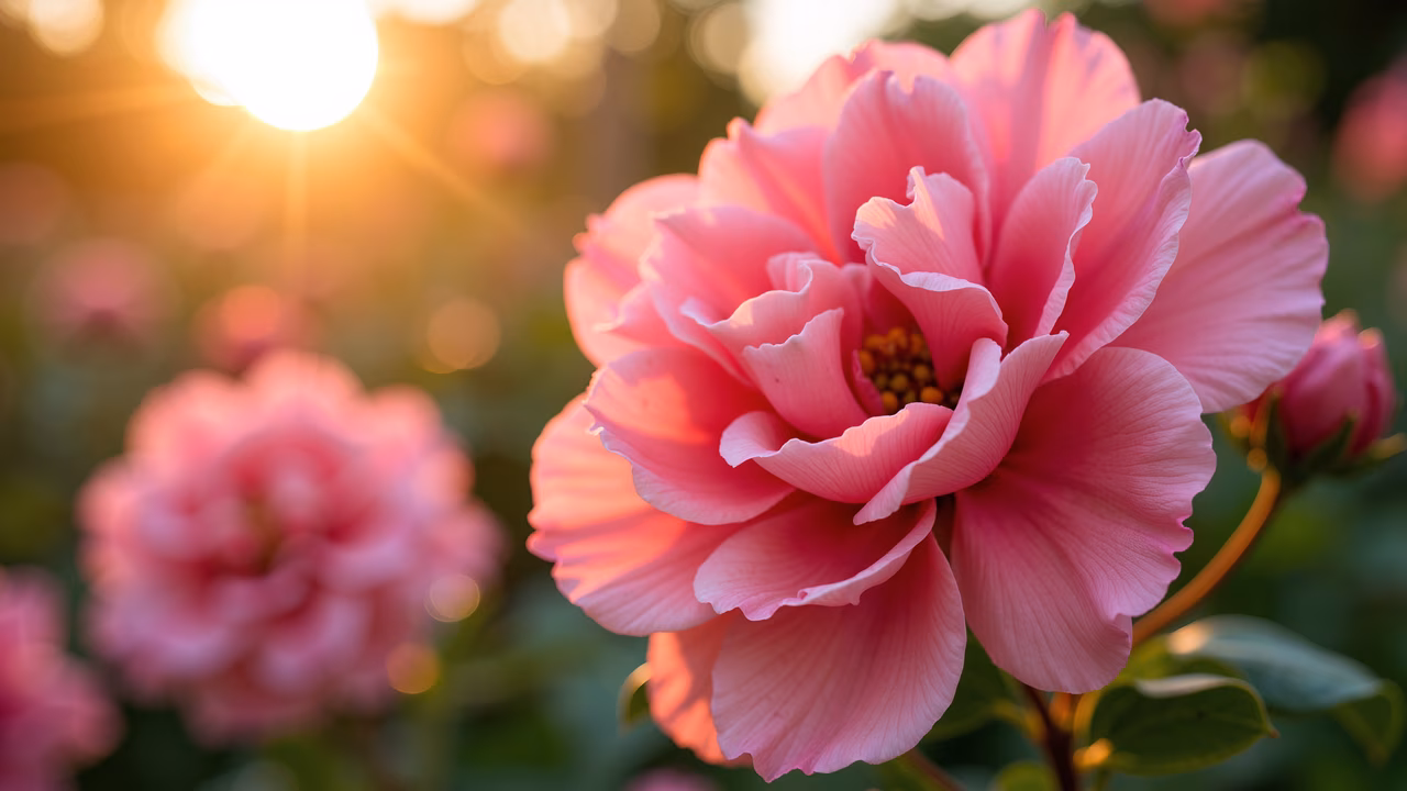 Close-up of a pink peony flower with sunset bokeh lights, serene and dreamy atmosphere.