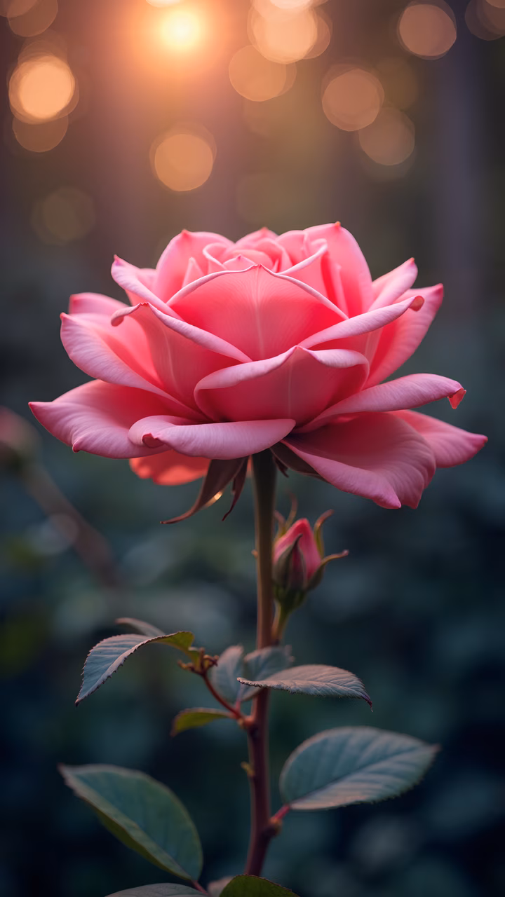 Close-up of a vibrant pink rose with delicate petals and warm bokeh lights at sunset.
