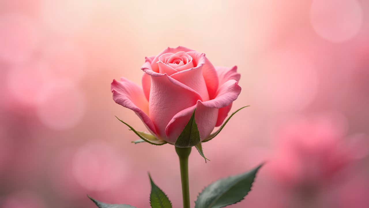 Delicate pink rose with soft petals and vibrant green stem on a dreamy pastel pink gradient background.