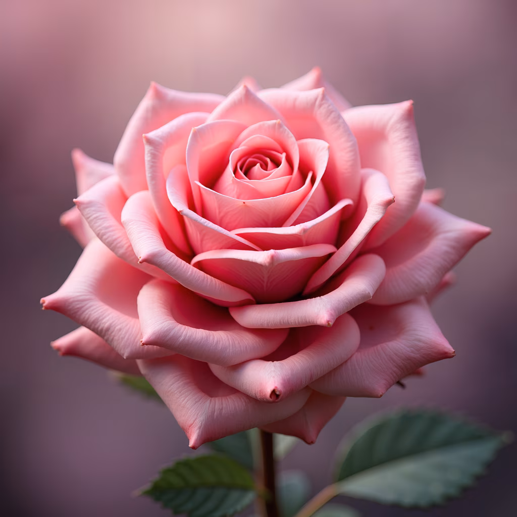 Close-up of a delicate pink rose with soft, layered petals, set against a blurred background.