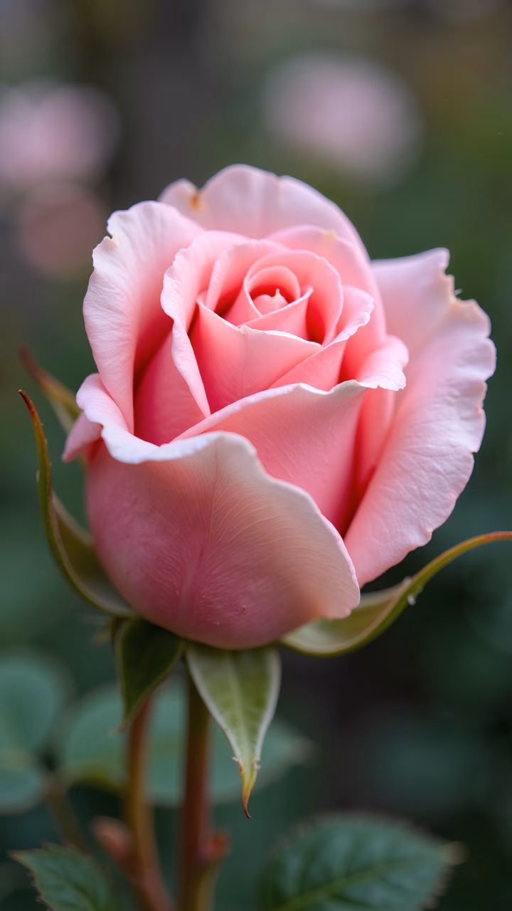 Close-up of a delicate pink rose with soft, layered petals and a vibrant center.