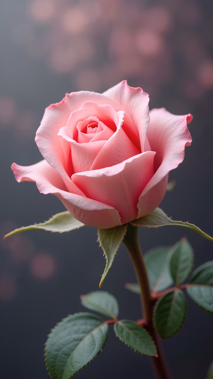 Close-up of a pink rose with soft petals and vibrant green leaves, blurred background